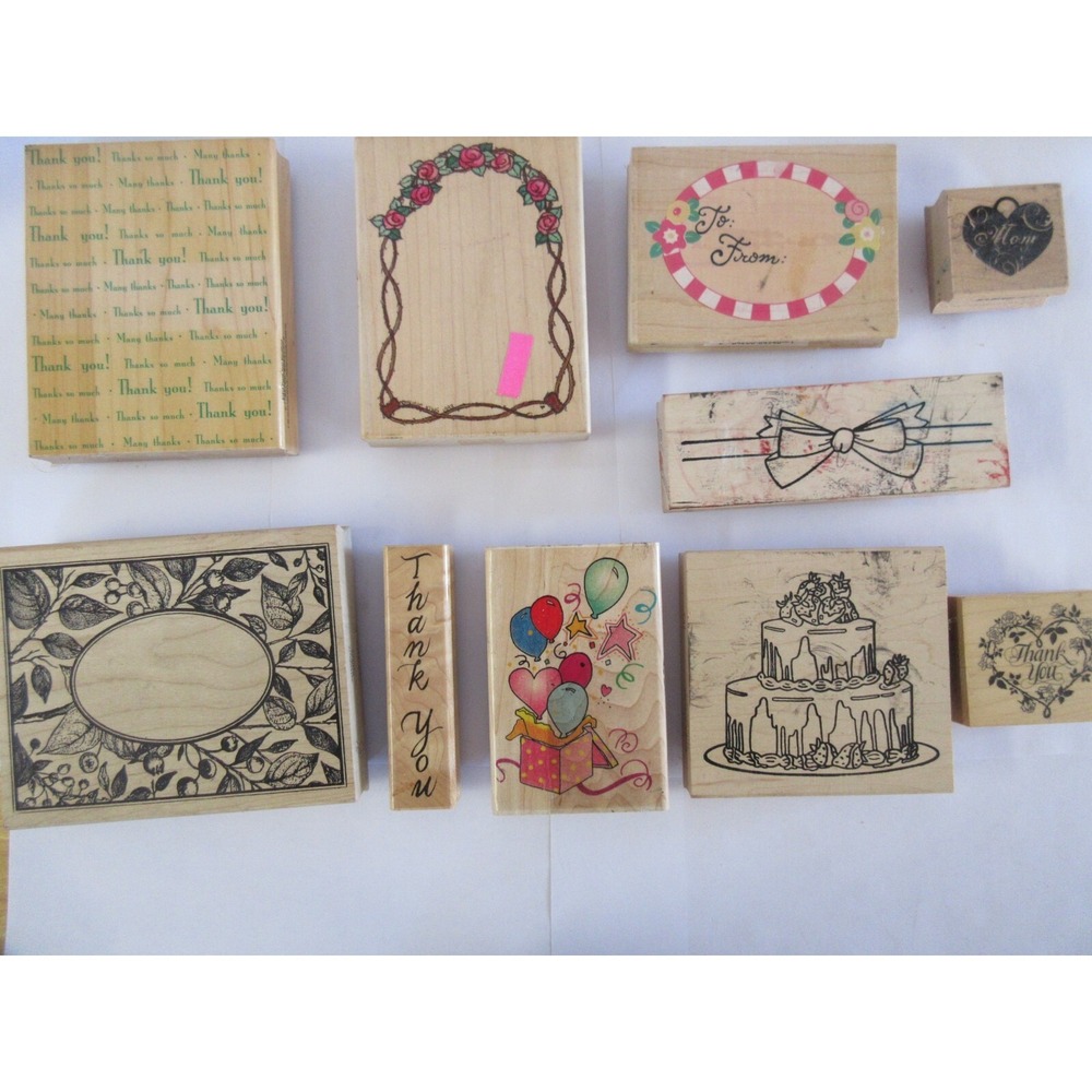 Lot of 10 Greeting Card Themed Rubber Stamps ~Thank you ~Frames ~Birthday